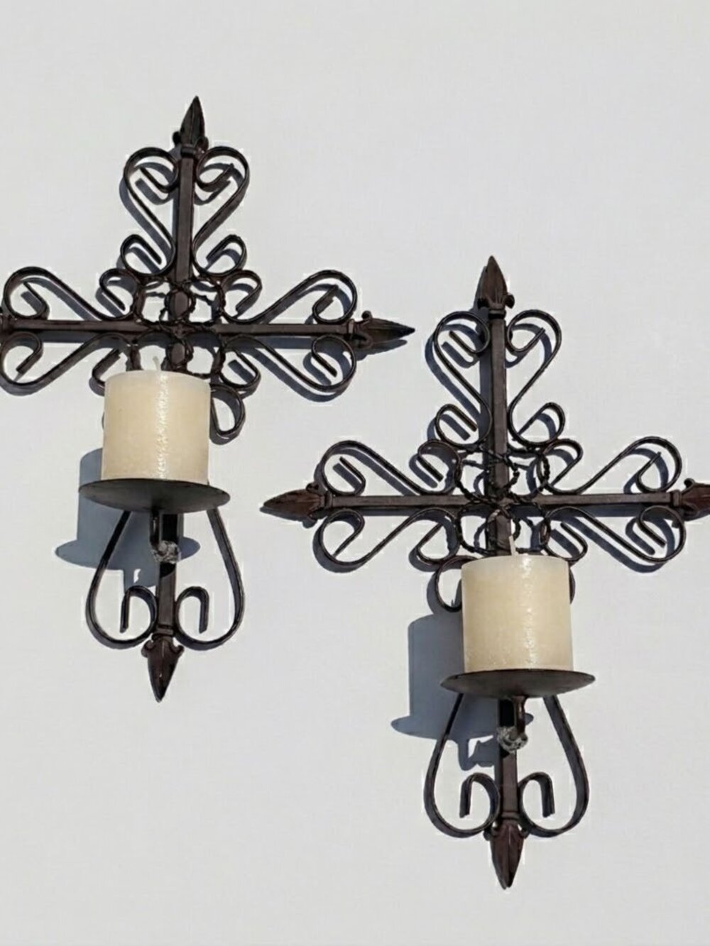 Vintage Wrought Iron Cross Wall Sconce Candle Holders Gothic Mediterranean PAIR